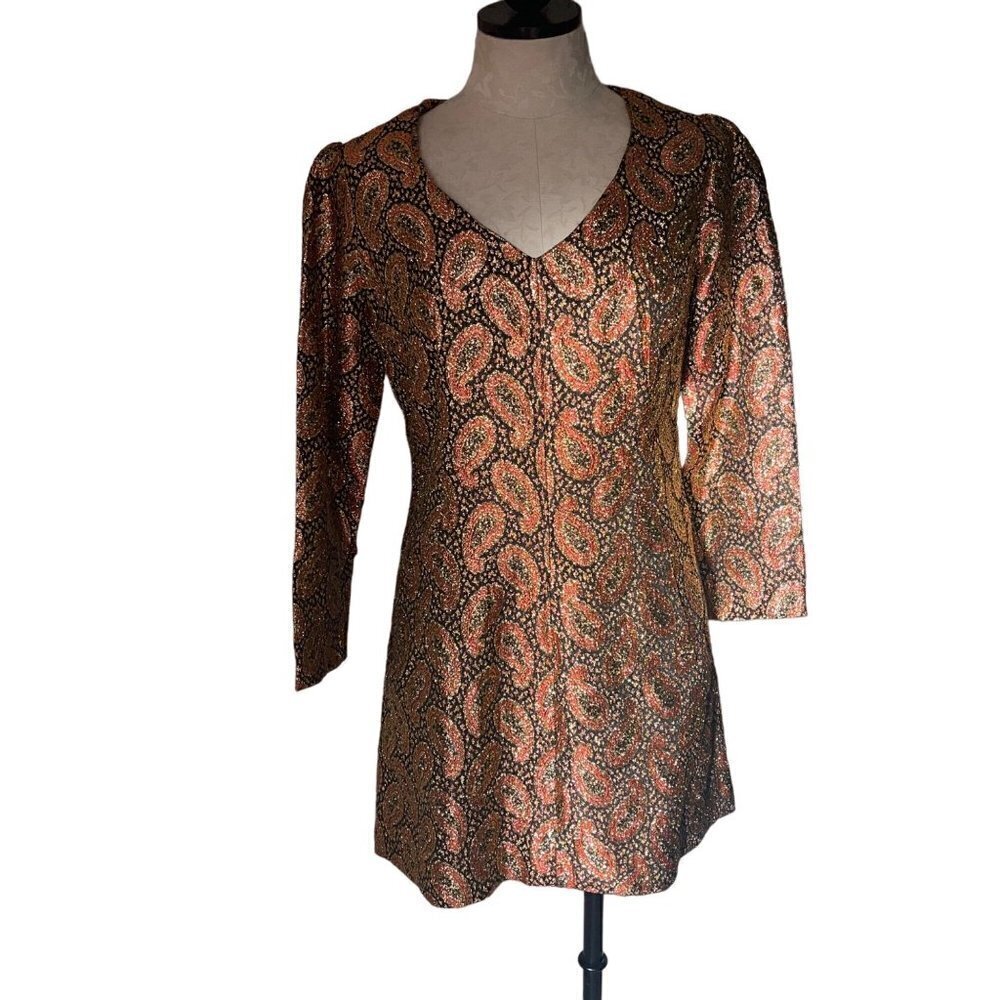 Vintage Handmade Mini Party Dress Size Small Gold Red Black Metallic Paisley - Picture 10 of 12
